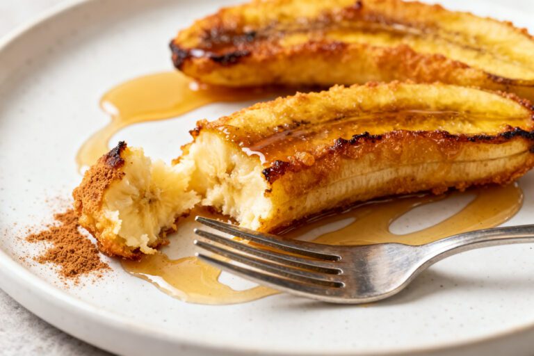 Air fryer fried bananas with caramelized golden edges, a tender creamy center, warm cinnamon, and a drizzle of honey, served as a quick and comforting dessert.
