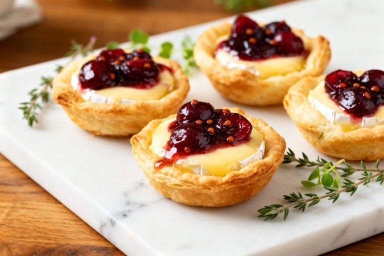 Air fryer cherry brie bites with flaky golden pastry cups filled with creamy brie cheese and topped with sweet cherry preserves, served as an elegant party appetizer.