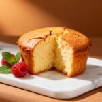 Air fryer mini cake with a soft fluffy vanilla crumb, golden brown top, and tender texture, served on a marble board with fresh raspberries and mint.