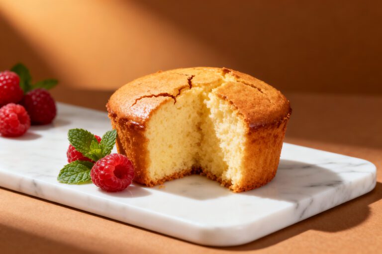 Air fryer mini cake with a soft fluffy vanilla crumb, golden brown top, and tender texture, served on a marble board with fresh raspberries and mint.