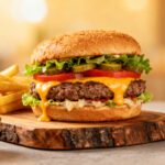 Air fryer stuffed burger with a juicy beef patty filled with melted cheese, topped with lettuce, tomato, pickles, and extra cheese on a toasted sesame bun, served with fries.