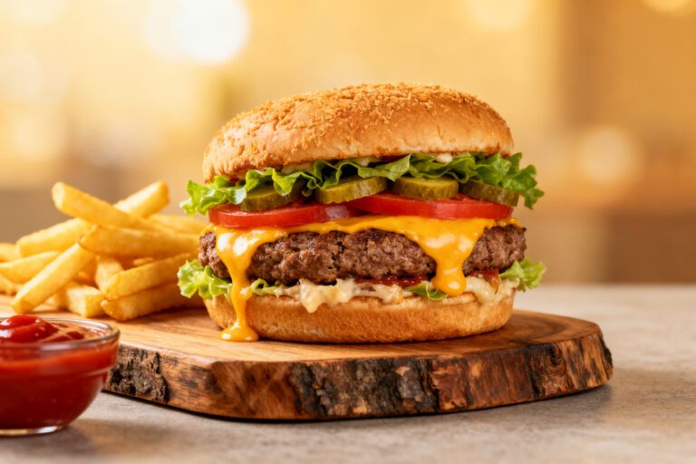 Air fryer stuffed burger with a juicy beef patty filled with melted cheese, topped with lettuce, tomato, pickles, and extra cheese on a toasted sesame bun, served with fries.