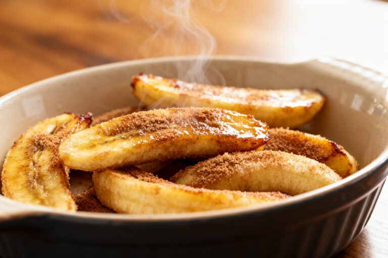Air fryer cinnamon sugar bananas with caramelized golden edges, warm cinnamon coating, and a soft tender center, served in a bowl as a cozy and satisfying dessert.