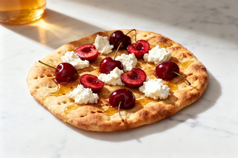 Air fryer cherry ricotta flatbread topped with creamy ricotta cheese, fresh cherries, and a sweet honey drizzle on a golden baked flatbread crust.