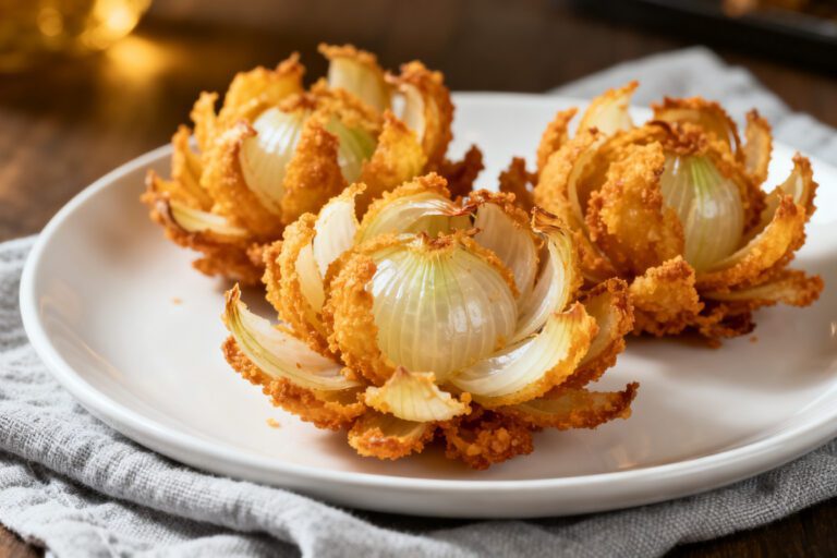 Air fryer mini blooming onions with crispy golden petals, crunchy seasoned coating, and tender onion centers, served on a plate as a fun and shareable appetizer.
