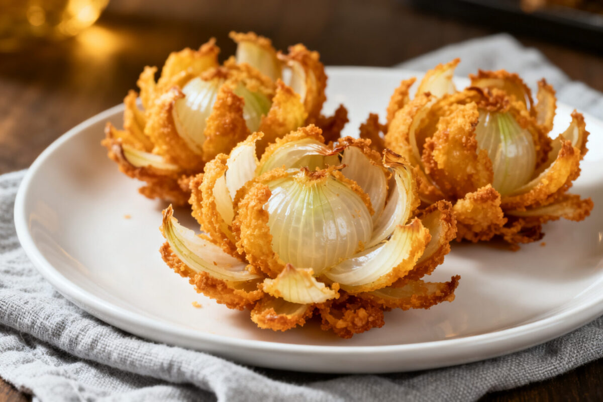 Air fryer mini blooming onions with crispy golden petals, crunchy seasoned coating, and tender onion centers, served on a plate as a fun and shareable appetizer.