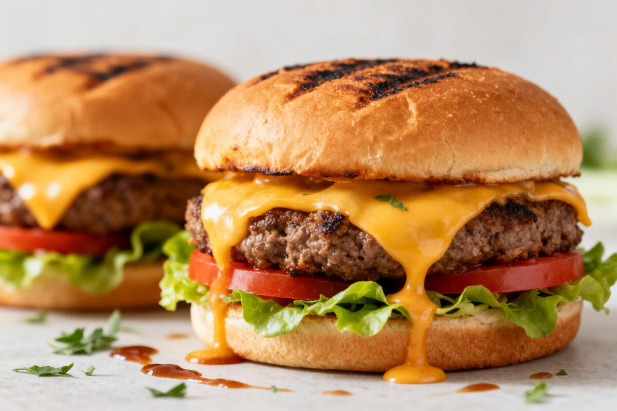 Air fryer homemade hamburgers with juicy beef patties, melted cheddar cheese, fresh lettuce, tomato slices, and toasted buns, served as a classic family friendly meal.