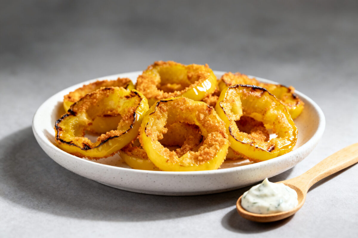 Air fryer banana pepper rings with a crispy golden coating, tangy banana peppers, and a crunchy texture, served on a plate with a creamy dipping sauce.
