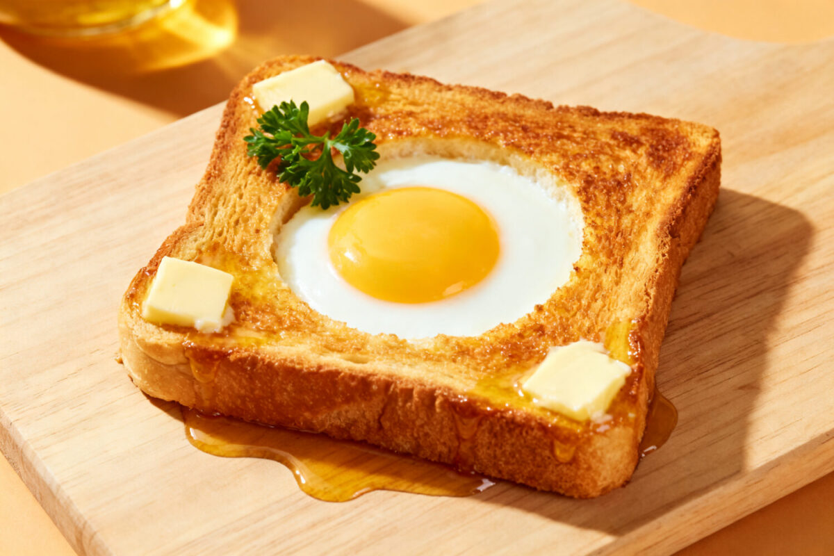 Air fryer egg in a hole with a perfectly cooked sunny side egg in the center of crispy golden toast, served with butter and a drizzle of honey for a cozy breakfast.