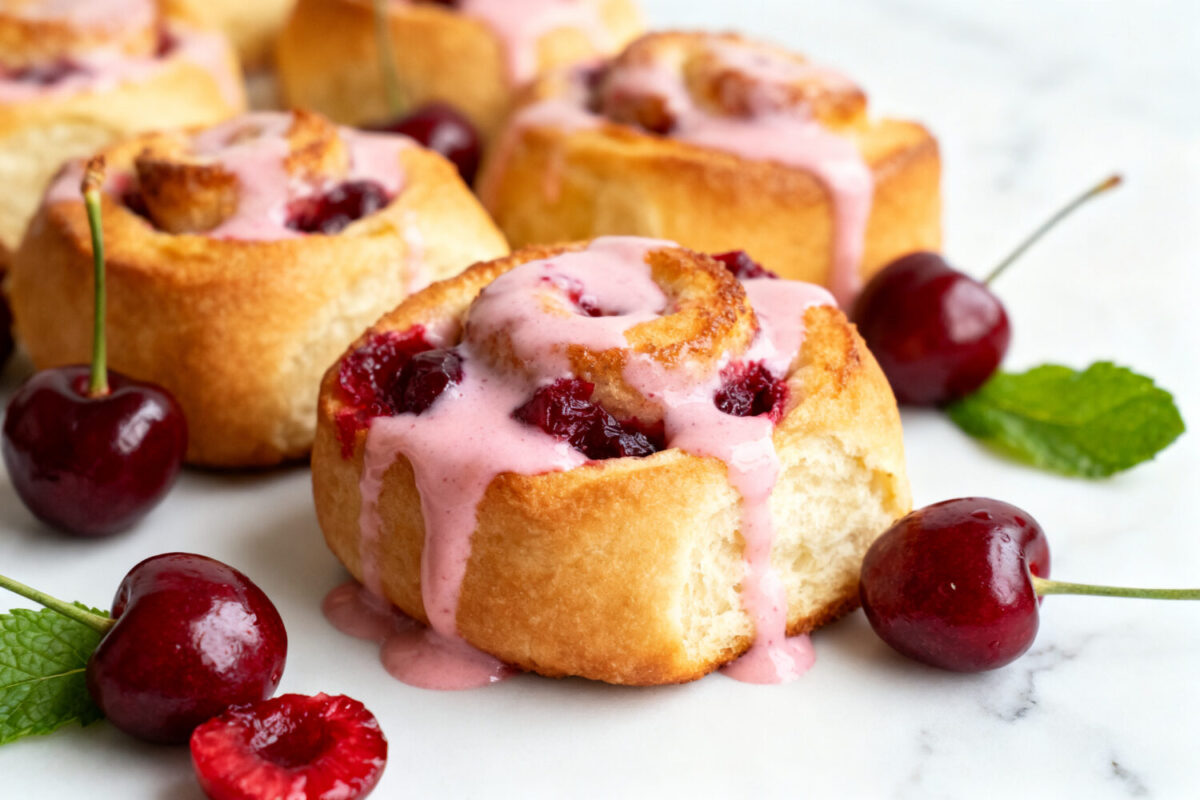 Air fryer cherry breakfast rolls with soft fluffy dough, sweet cherry filling, and a pink cherry glaze, served alongside fresh cherries for a delicious breakfast treat.