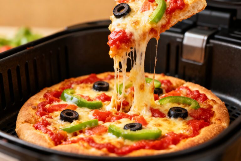 Air fryer mini frozen pizza with a crispy golden crust, melted mozzarella cheese, tomato sauce, green bell peppers, black olives, and stretchy cheese, cooking inside an air fryer basket.