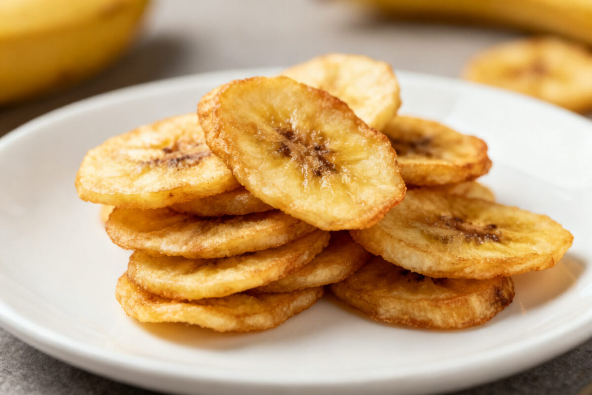 Air fryer banana chips with thinly sliced bananas cooked until crispy and lightly golden, served on a plate as a naturally sweet and healthy homemade snack.