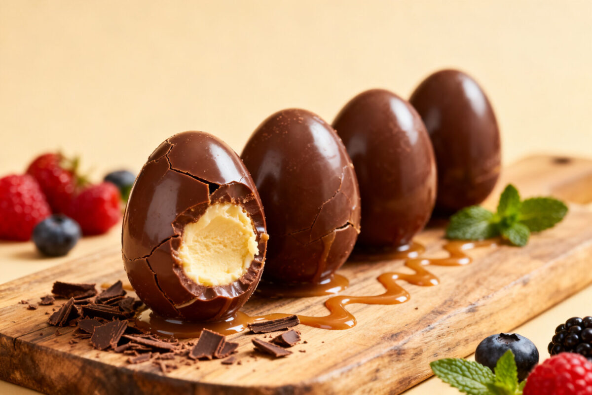Air fryer Cadbury eggs with a warm melted chocolate shell and soft creamy center, served with fresh berries and chocolate shavings for an easy seasonal treat.