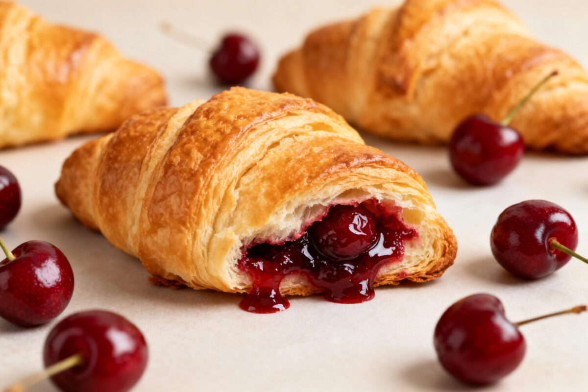 Air fryer cherry croissants with flaky golden pastry and a sweet cherry filling, featuring juicy cherries and a crisp buttery exterior, served with fresh cherries.