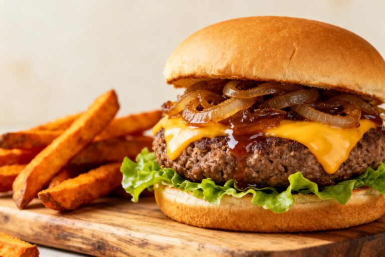 Air fryer Impossible Burger with a juicy plant based patty, melted cheddar style cheese, caramelized onions, fresh lettuce, and a toasted bun, served with crispy fries.
