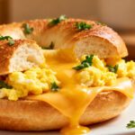 Air fryer cheesy egg bagel with fluffy scrambled eggs, melted cheddar cheese, and a toasted bagel, served as a warm and satisfying breakfast sandwich.