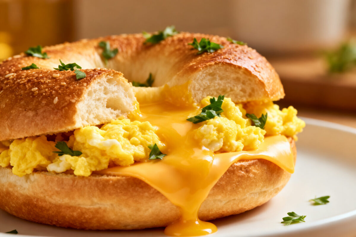 Air fryer cheesy egg bagel with fluffy scrambled eggs, melted cheddar cheese, and a toasted bagel, served as a warm and satisfying breakfast sandwich.