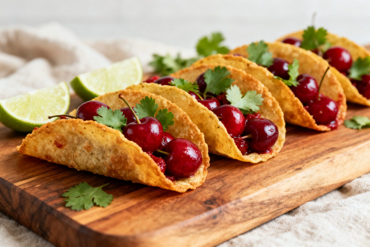 Air fryer cherry tacos with crispy golden taco shells filled with sweet cherries and fresh cilantro, served on a wooden board as a fun and creative dessert.