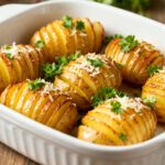 Air fryer mini Hasselback potatoes with crispy golden edges, buttery layers, grated Parmesan cheese, and fresh parsley, baked until tender and served as a flavorful side dish.
