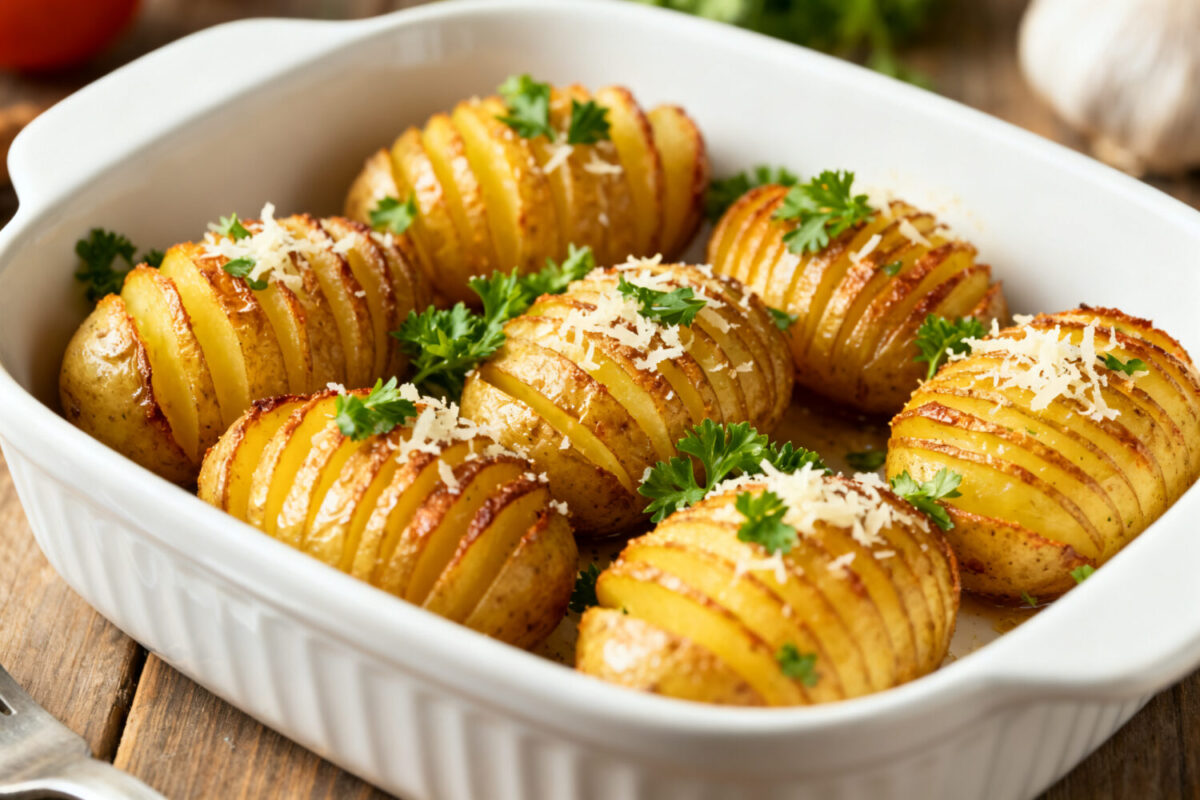 Air fryer mini Hasselback potatoes with crispy golden edges, buttery layers, grated Parmesan cheese, and fresh parsley, baked until tender and served as a flavorful side dish.