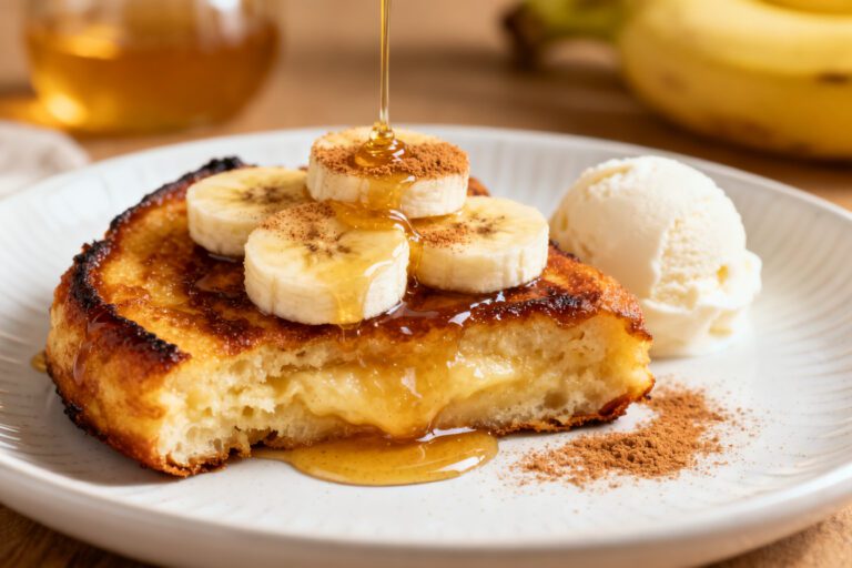 Air fryer banana dessert with a golden caramelized base, creamy banana topping, honey drizzle, and a scoop of vanilla ice cream, served as a cozy and comforting sweet treat.