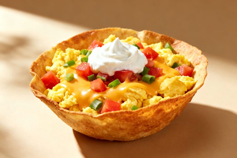 Air fryer egg tortilla bowl with crispy tortilla shell, fluffy scrambled eggs, melted cheese, diced tomatoes, green onions, and a dollop of sour cream, served as a flavorful breakfast.