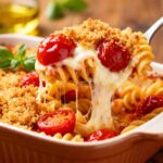 Air fryer cherry pasta bake with tender pasta, melted cheese, roasted cherry tomatoes, and a crispy breadcrumb topping, served as a unique sweet and savory baked dinner.