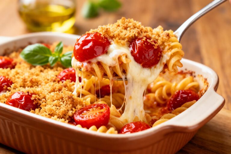 Air fryer cherry pasta bake with tender pasta, melted cheese, roasted cherry tomatoes, and a crispy breadcrumb topping, served as a unique sweet and savory baked dinner.