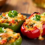 Air fryer stuffed mini peppers filled with a savory cheesy mixture, topped with melted golden cheese and fresh parsley, served as a colorful and crowd pleasing appetizer.