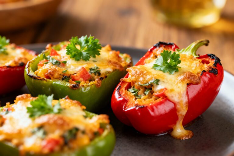 Air fryer stuffed mini peppers filled with a savory cheesy mixture, topped with melted golden cheese and fresh parsley, served as a colorful and crowd pleasing appetizer.