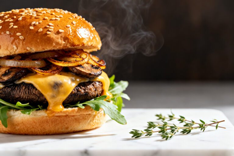 Air fryer portobello mushroom burger with a juicy grilled portobello cap, melted cheese, caramelized onions, fresh greens, and a toasted sesame bun, served as a hearty vegetarian meal.