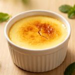 Air fryer egg custard with a silky smooth texture, creamy vanilla flavor, and lightly caramelized golden top, served in a ramekin as a simple and comforting dessert.