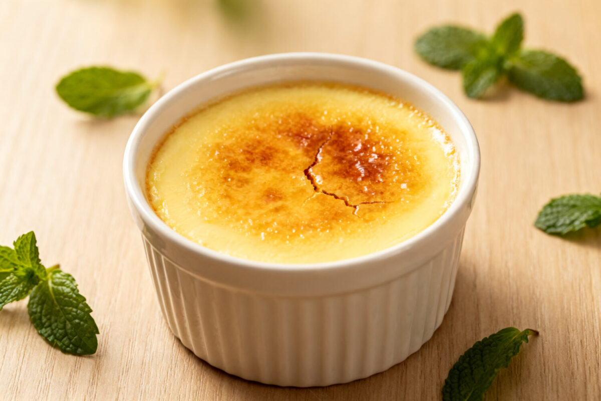Air fryer egg custard with a silky smooth texture, creamy vanilla flavor, and lightly caramelized golden top, served in a ramekin as a simple and comforting dessert.