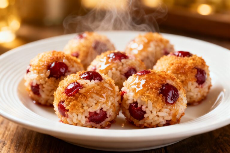 Air fryer cherry rice balls with a crispy golden exterior, sweet cherry filling, tender rice center, and a glossy glaze, served as a unique sweet treat with warm comforting flavor.