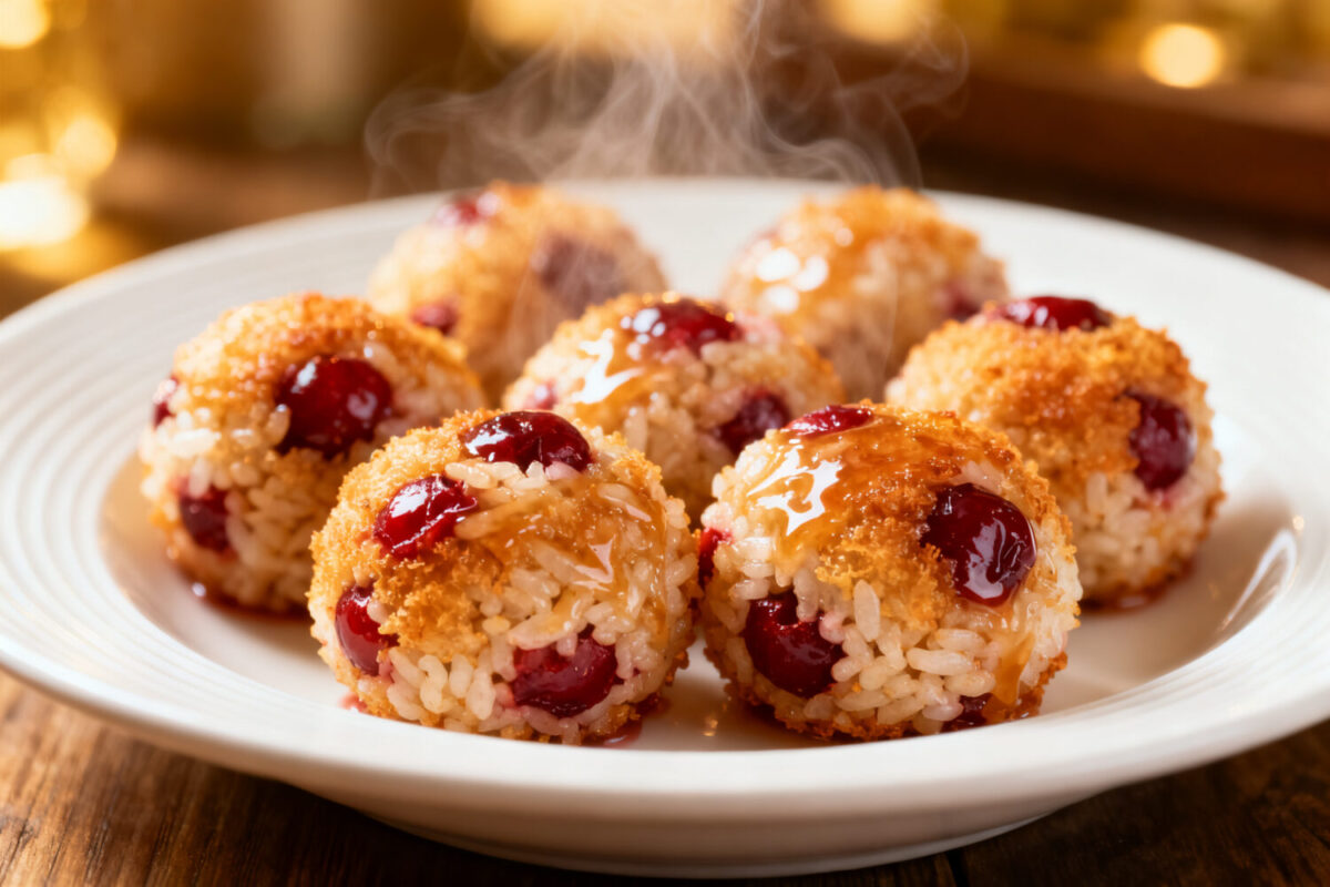 Air fryer cherry rice balls with a crispy golden exterior, sweet cherry filling, tender rice center, and a glossy glaze, served as a unique sweet treat with warm comforting flavor.