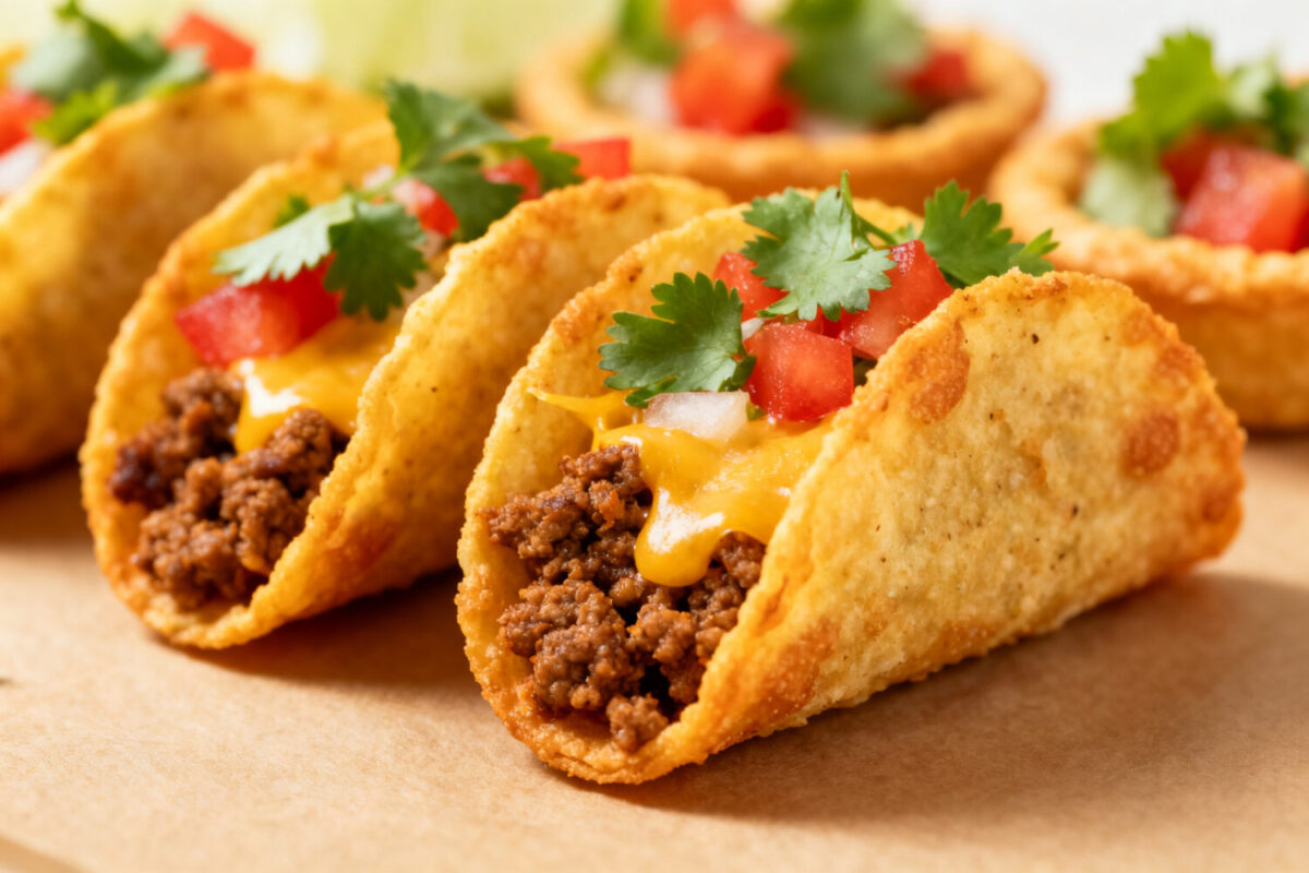Air fryer frozen mini tacos with crispy golden taco shells, seasoned beef filling, melted cheese, diced tomatoes, and fresh cilantro, served as a quick and easy snack or meal.