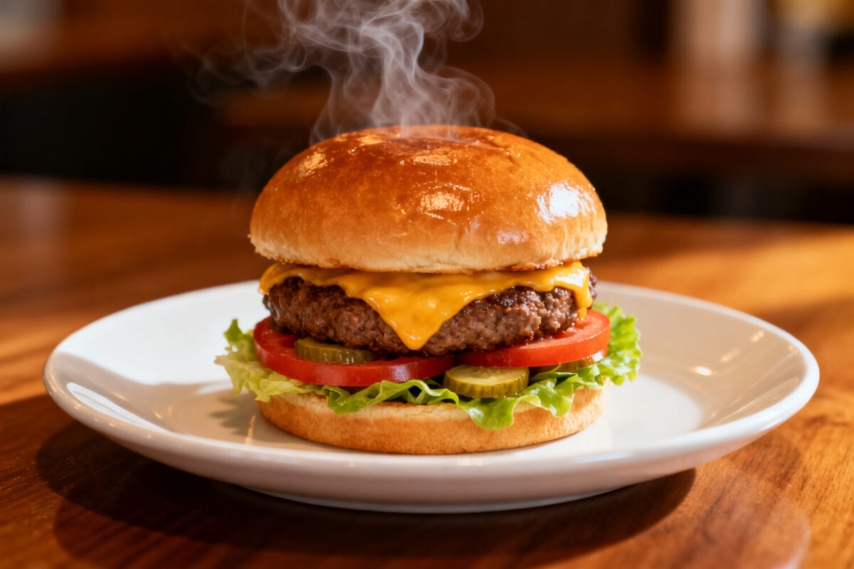 Air fryer Beyond Burger with a juicy plant based patty, melted cheddar style cheese, fresh lettuce, tomato slices, and a toasted bun, served as a satisfying meatless meal.
