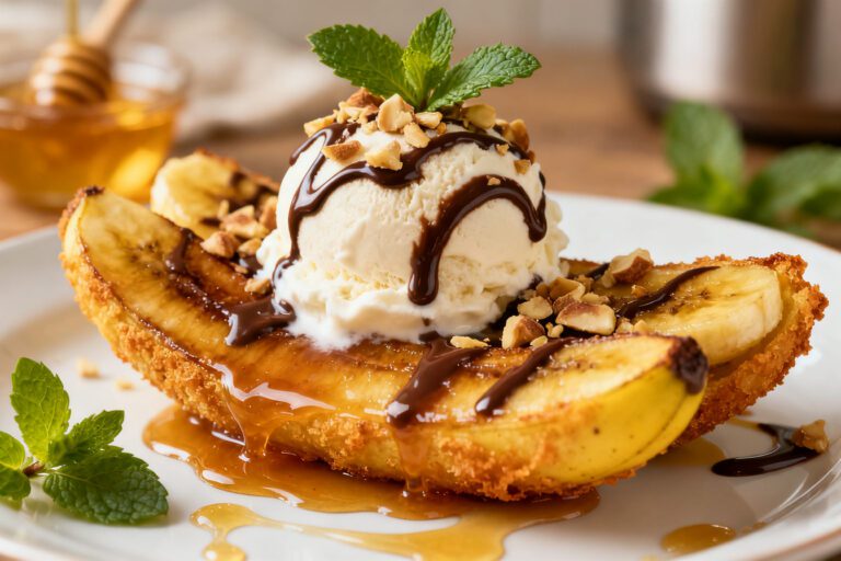 Air fryer banana split with caramelized banana halves, a scoop of vanilla ice cream, chocolate drizzle, chopped nuts, and caramel sauce, served as a warm and indulgent dessert.