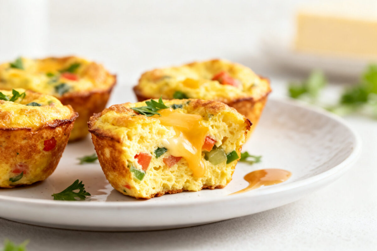 Air fryer egg bites with a fluffy egg texture, melted cheese, colorful diced vegetables, and golden edges, served as a quick high protein breakfast or snack.
