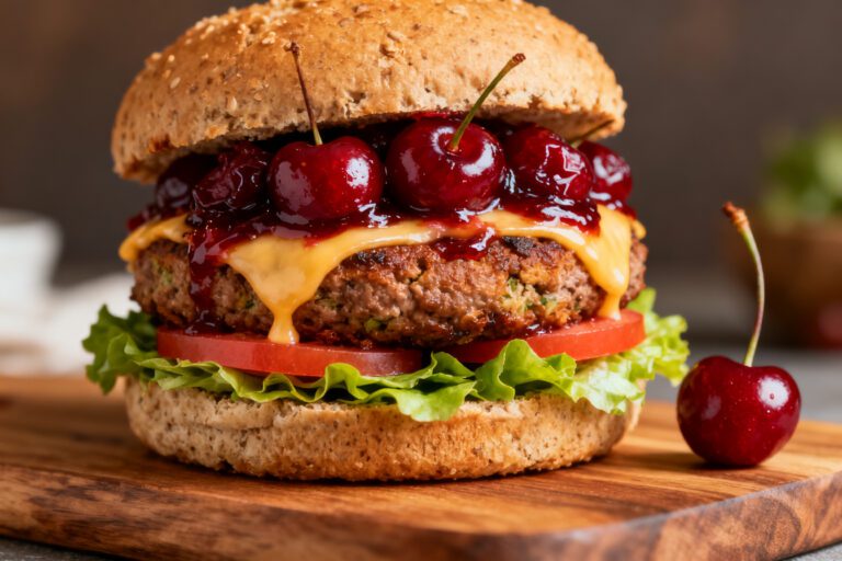 Air fryer cherry veggie burger with a hearty vegetable patty, melted cheese, fresh lettuce, tomato slices, and a sweet cherry topping on a toasted whole grain bun.