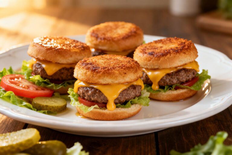 Air fryer mini burgers with juicy beef patties, melted cheddar cheese, fresh lettuce, and toasted slider buns, served on a plate as a crowd pleasing appetizer or meal.
