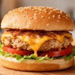 Air fryer ground chicken burger with a juicy seasoned chicken patty, melted cheddar cheese, fresh lettuce, tomato slices, and a toasted sesame seed bun.
