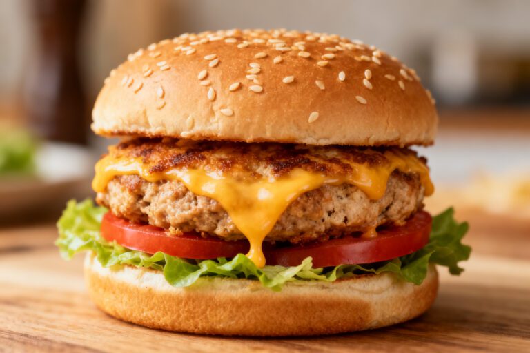Air fryer ground chicken burger with a juicy seasoned chicken patty, melted cheddar cheese, fresh lettuce, tomato slices, and a toasted sesame seed bun.