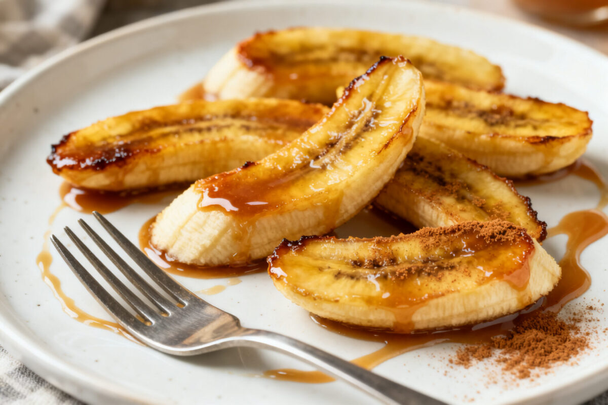 Air fryer caramelized bananas with golden brown edges, a soft tender center, warm cinnamon, and a sweet caramel drizzle, served as a quick and comforting dessert.