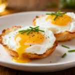 Air fryer poached eggs with soft silky whites and runny golden yolks, served in crispy toasted bread cups and garnished with fresh chives.