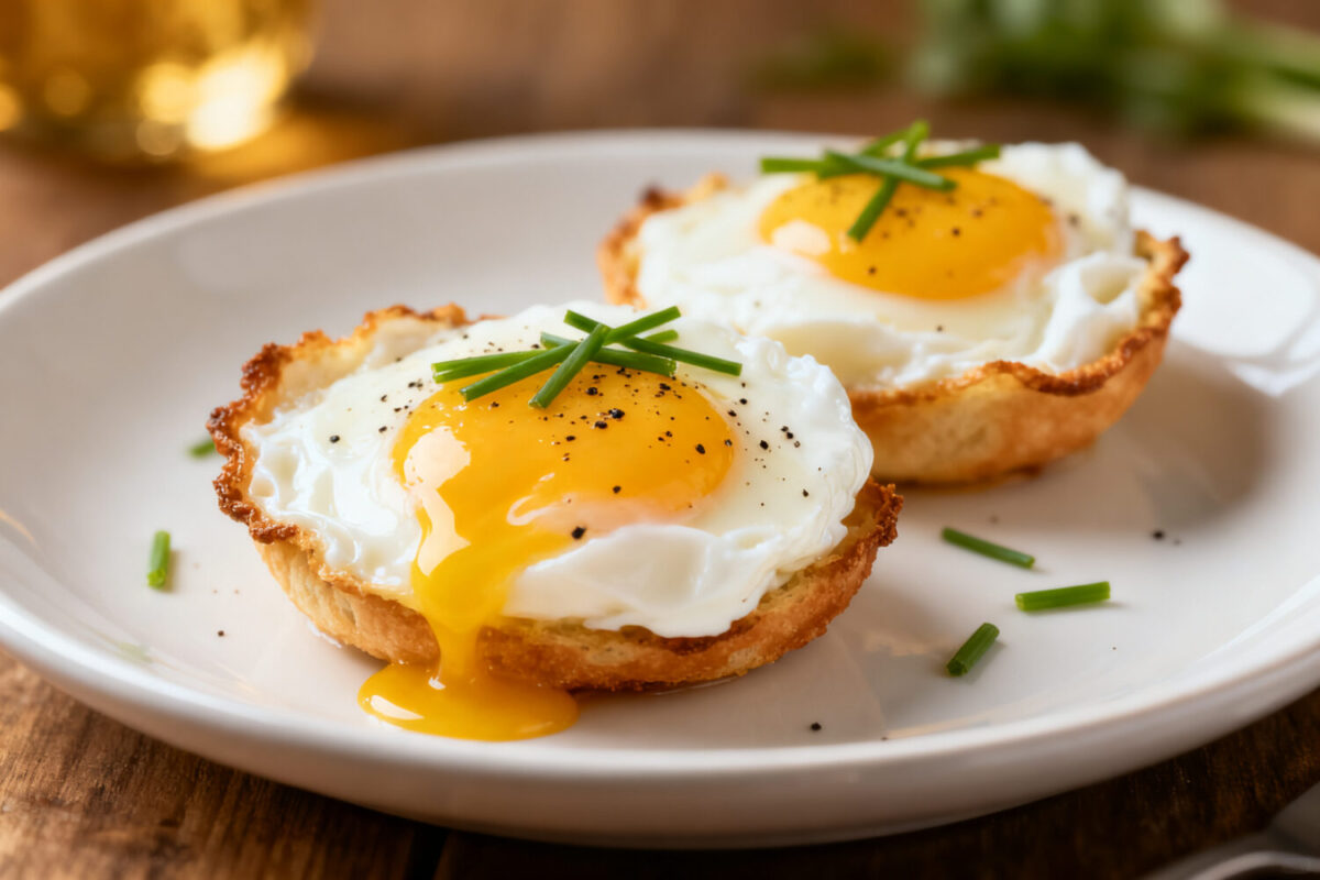 Air fryer poached eggs with soft silky whites and runny golden yolks, served in crispy toasted bread cups and garnished with fresh chives.