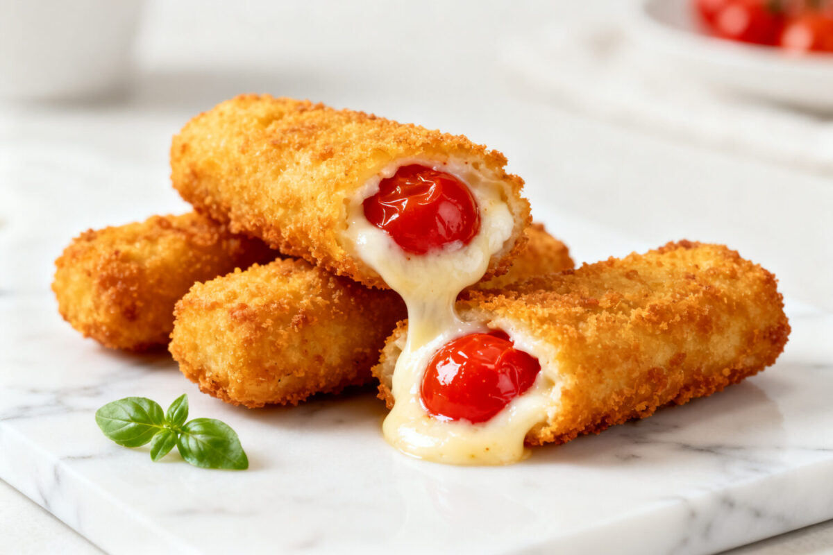 Air fryer cherry mozzarella sticks with a crispy golden breadcrumb coating, gooey melted mozzarella cheese, and sweet cherry filling, served as a unique sweet and savory appetizer.