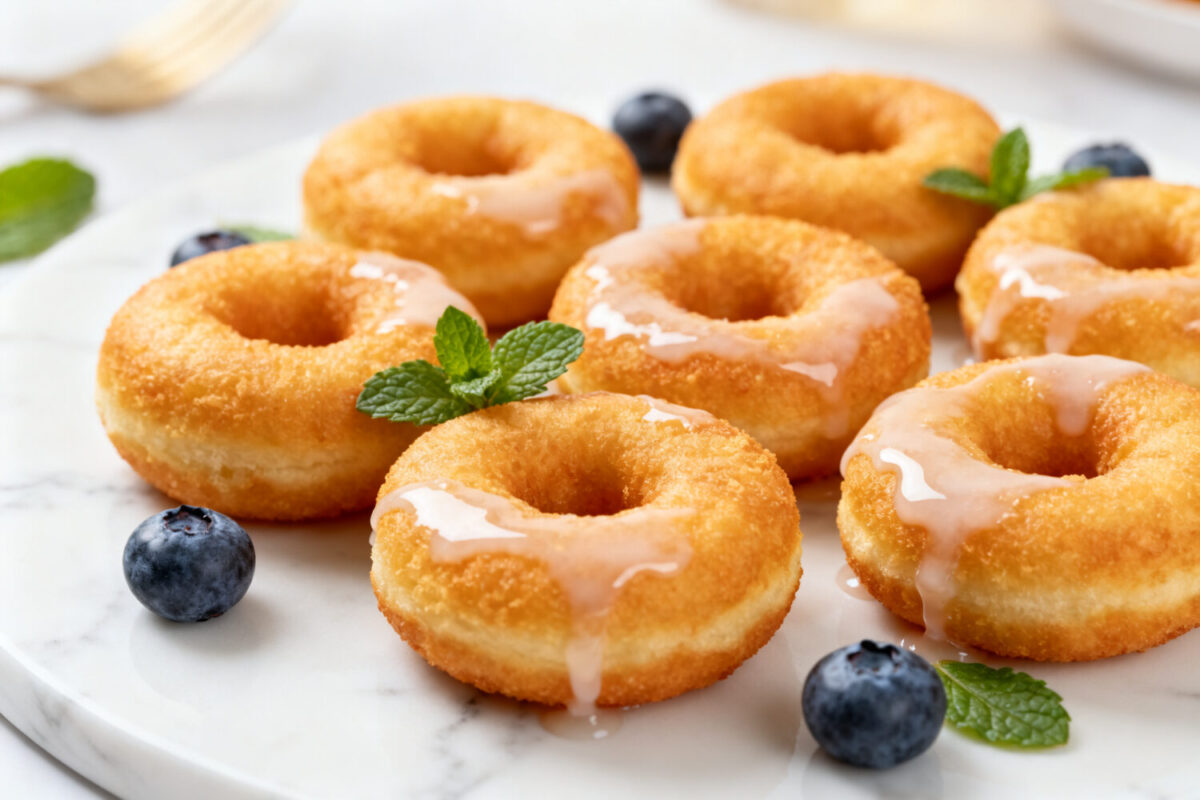 Air fryer mini donuts with a soft fluffy texture, golden exterior, sweet vanilla glaze, and fresh blueberries, served as a fun bite sized dessert or breakfast treat.