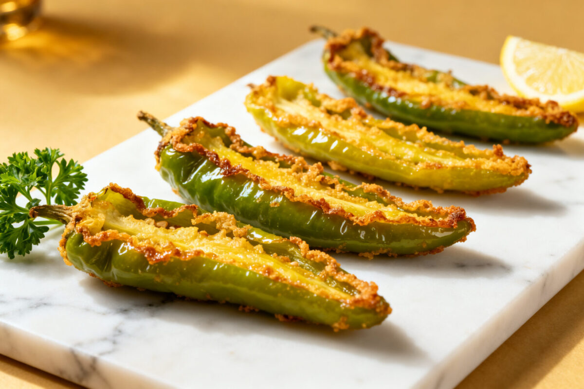 Air fryer fried banana peppers with a crispy seasoned coating, tender roasted pepper halves, and tangy flavor, served as a quick appetizer or savory snack with lemon wedges.