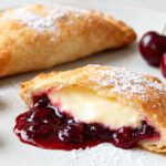 Air fryer cherry cheesecake hot pockets with a flaky golden pastry crust, creamy cheesecake filling, and sweet cherry compote, dusted with powdered sugar and served as a warm dessert.